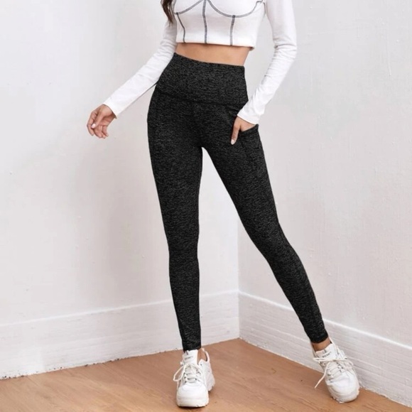 NEW High Rise Contrast Stitching Leggings Pockets Medium Pull On Stretchy black - Picture 4 of 11